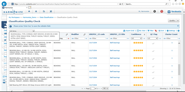 Screenshot showing Verdantis’ Data Standardization Quality Check and Harmonization software