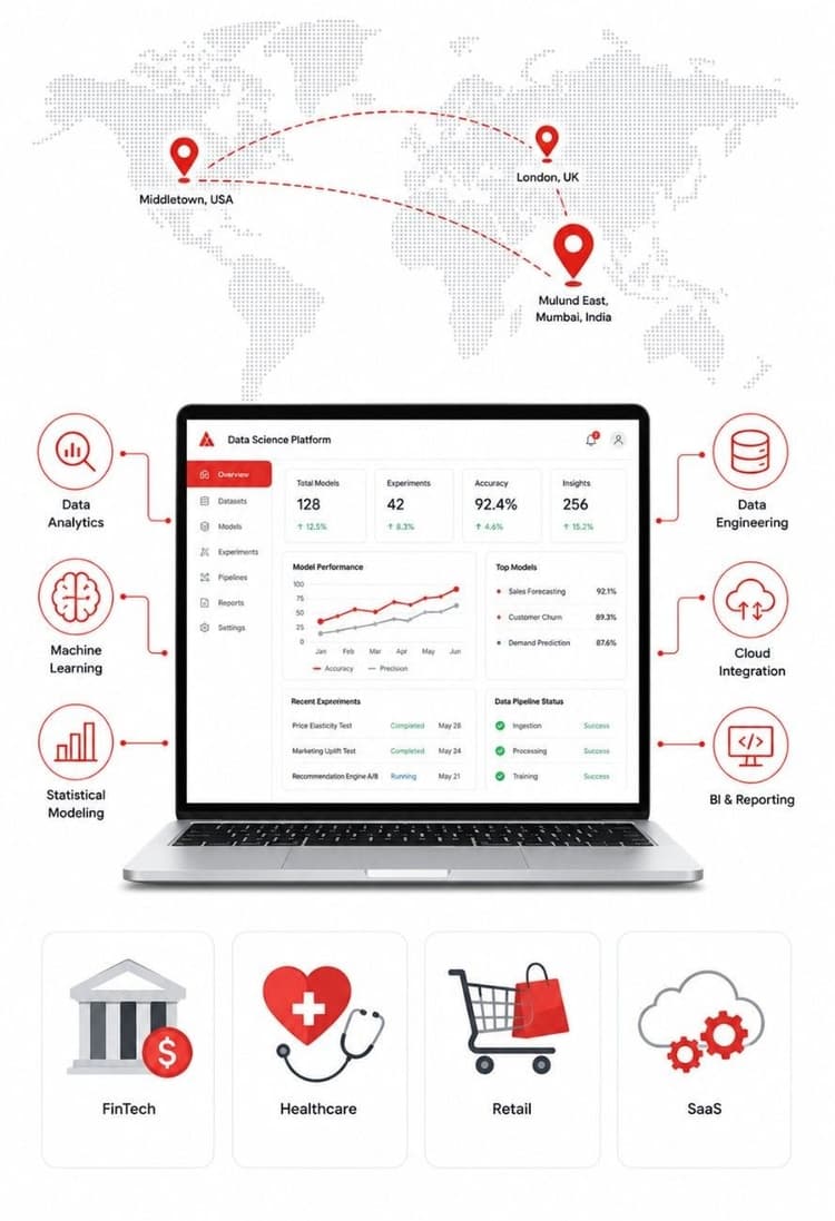 Data science development illustration showing analytics dashboard, global delivery, and industry expertise.