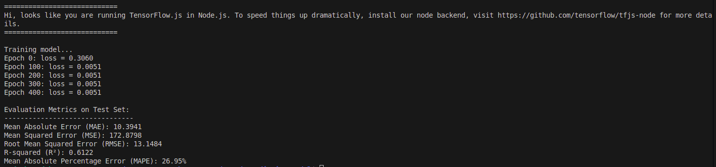 Output for model training and evalution